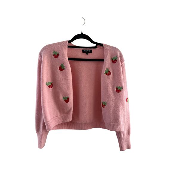 Pink Strawberry Embroidered Cardigan – WOWO | Soft Cottagecore Knit Large - Picture 1 of 5